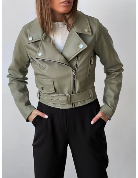 Жіноча кожана куртка,вкорочена косуха,у кольорі оливка