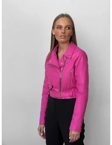 Жіноча кожана куртка,вкорочена косуха,у кольорі фуксія Жіноча кожана куртка,вкорочена косуха,у кольорі фуксія