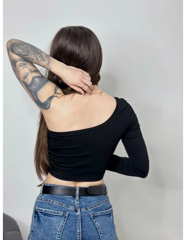 Лонгслів Classic, вкорочений, на одне плече у чорному кольорі