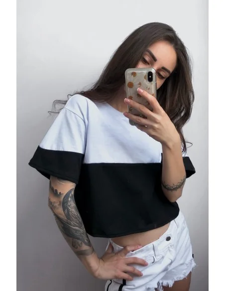 Топ, футболка вкорочена, жіноча, чорно-біла (верх білий, низ