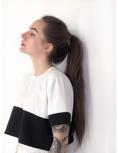 Топ, футболка укороченная, женская, черно-белая (верх белый Топ, футболка укороченная, женская, черно-белая (верх белый