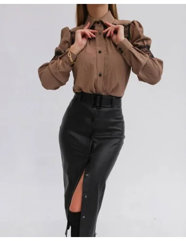 Юбка из эко кожи на пуговицах черного цвета