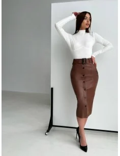 Спідниця на гудзиках з еко шкіри у кольрі шоколад