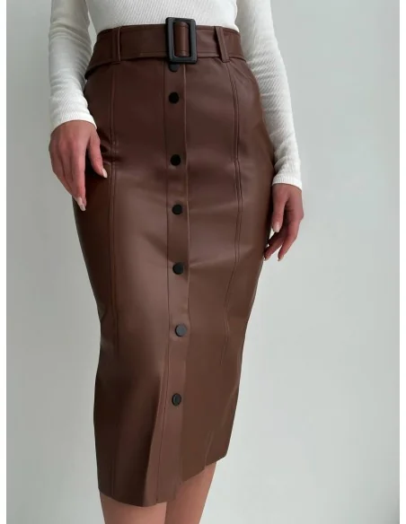 Спідниця на гудзиках з еко шкіри у кольрі шоколад Спідниця на гудзиках з еко шкіри у кольрі шоколад
