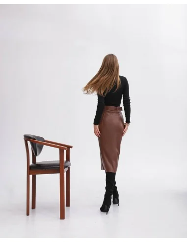 Спідниця на гудзиках з еко шкіри у кольрі шоколад Спідниця на гудзиках з еко шкіри у кольрі шоколад